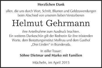 Traueranzeige von Helmut Gehrmann von WVG - Wochenspiegel Merseburg