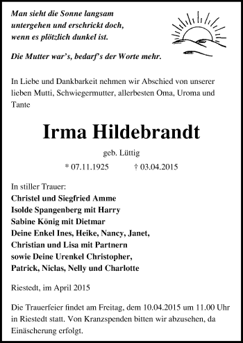 Traueranzeige von Irma Hildebrandt von Mitteldeutsche Zeitung Sangerhausen