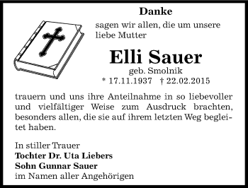 Traueranzeige von Elli Sauer von Mitteldeutsche Zeitung Bernburg