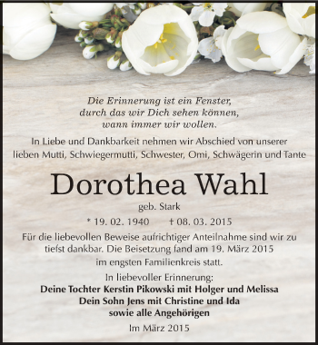 Traueranzeige von Dorothea Wahl von Mitteldeutsche Zeitung Wittenberg