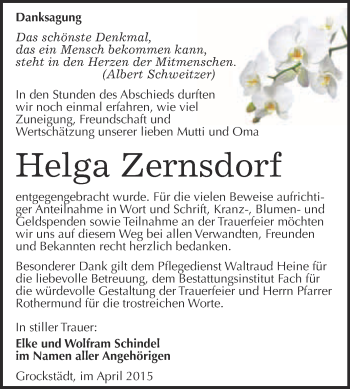 Traueranzeige von Helga Zernsdorf von WVG - Wochenspiegel Merseburg