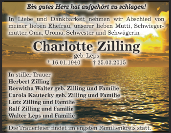 Traueranzeige von Charlotte Zilling von WVG - Wochenspiegel Dessau / Köthen