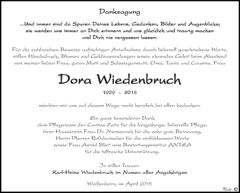 Traueranzeige von Dora Wiedenbruch von Super Sonntag Zeitz