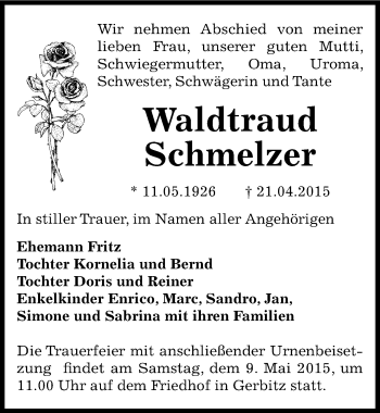 Traueranzeige von Waldtraud Schmelzer von Mitteldeutsche Zeitung Bernburg