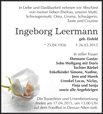 Traueranzeige von Ingeborg Leermann von WVG - Wochenspiegel Dessau / Köthen