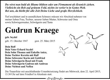 Traueranzeige von Gudrun Kraege von Super Sonntag Wittenberg