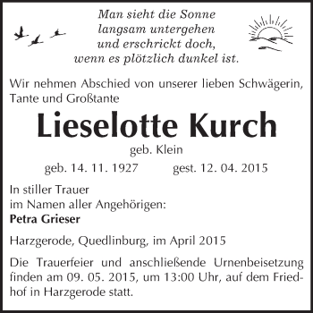 Traueranzeige von Lieselotte Kurch von Super Sonntag Quedlinburg
