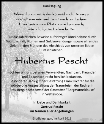 Traueranzeige von Hubertus Pescht von Mitteldeutsche Zeitung Sangerhausen