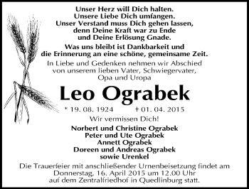 Traueranzeige von Leo Ograbek von Mitteldeutsche Zeitung Quedlinburg