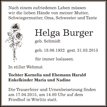 Traueranzeige von Helga Burger von WVG - Wochenspiegel Dessau / Köthen
