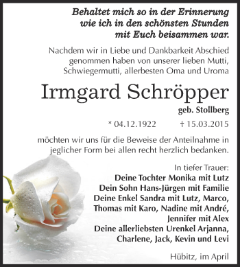 Traueranzeige von Irmgard Schröpper von Wochenspiegel Mansfelder Land