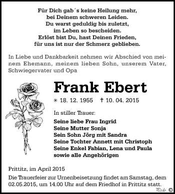 Traueranzeige von Frank Ebert von WVG - Wochenspiegel NMB / WSF / ZTZ