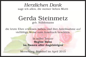 Traueranzeige von Gerda Steinmetz von WVG - Wochenspiegel Merseburg