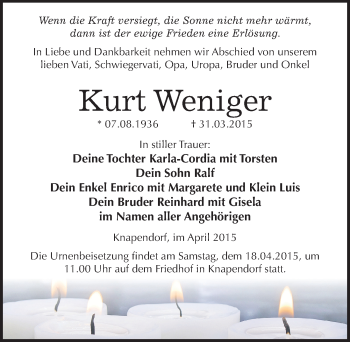 Traueranzeige von Kurt Weniger von Mitteldeutsche Zeitung Merseburg/Querfurt
