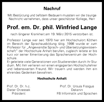 Traueranzeige von Winfried Lange von Mitteldeutsche Zeitung