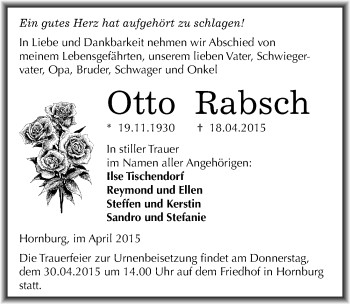 Traueranzeige von Otto Rabsch von Mitteldeutsche Zeitung Mansfelder Land