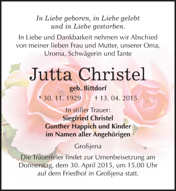 Traueranzeige von Jutta Christel von Mitteldeutsche Zeitung Naumburg/Nebra