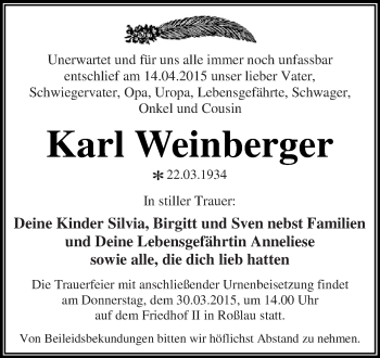 Traueranzeige von Karl Weinberger von WVG - Wochenspiegel Dessau / Köthen