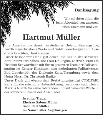 Traueranzeige von Hartmut Müller von Super Sonntag Zeitz