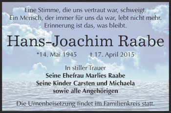 Traueranzeige von Hans-Joachim Raabe von WVG - Wochenspiegel Dessau / Köthen