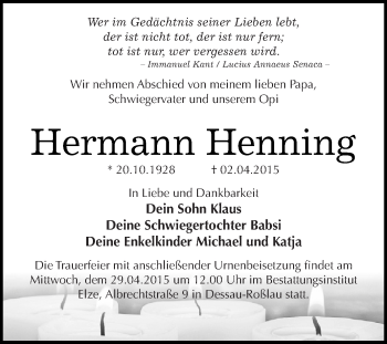 Traueranzeige von Hermann Henning von WVG - Wochenspiegel Dessau / Köthen