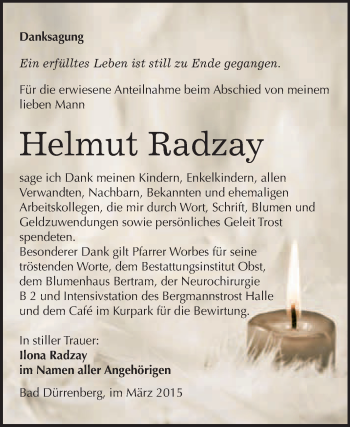 Traueranzeige von Helmut Radzay von WVG - Wochenspiegel Merseburg