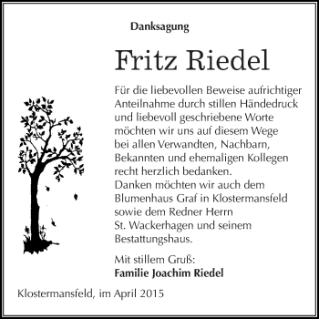 Traueranzeige von Fritz Riedel von Wochenspiegel Mansfelder Land