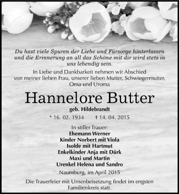 Traueranzeige von Hannelore Butter von Mitteldeutsche Zeitung Naumburg/Nebra