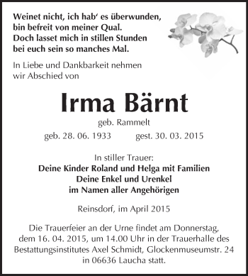 Traueranzeige von Irma Bärnt von WVG - Wochenspiegel NMB / WSF / ZTZ