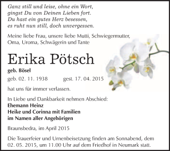 Traueranzeige von Erika Pötsch von WVG - Wochenspiegel Merseburg