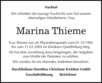 Traueranzeige von Marina Thieme von Mitteldeutsche Zeitung Quedlinburg