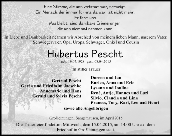 Traueranzeige von Hubertus Pescht von Mitteldeutsche Zeitung Sangerhausen
