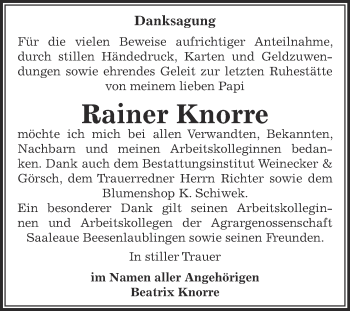 Traueranzeige von Rainer Knorre von Super Sonntag Bernburg