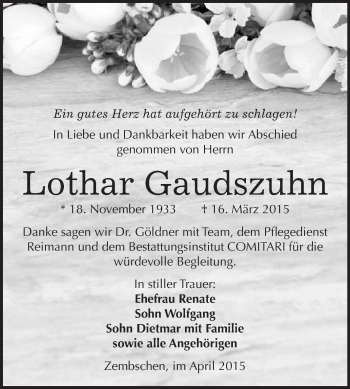 Traueranzeige von Lothar Gaudszuhn von WVG - Wochenspiegel NMB / WSF / ZTZ