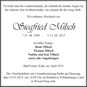Traueranzeige von Siegfried Milsch von WVG - Wochenspiegel NMB / WSF / ZTZ