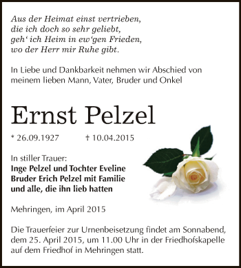 Traueranzeige von Ernst Pelzel von Super Sonntag SGH Mansf. Land