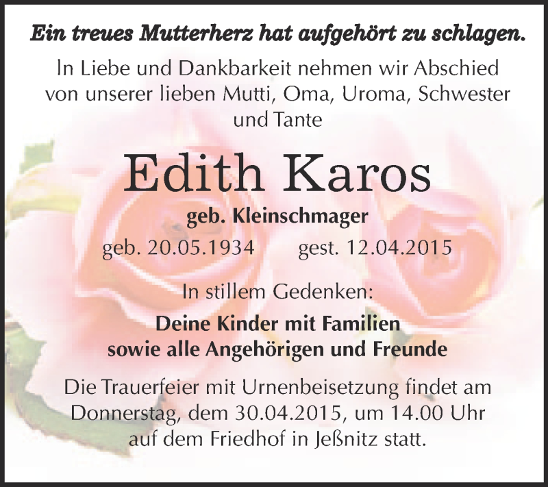  Traueranzeige für Edith Karos vom 22.04.2015 aus WVG - Wochenspiegel Bitterfeld
