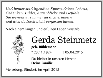 Traueranzeige von Gerda Steinmetz von Mitteldeutsche Zeitung Merseburg/Querfurt