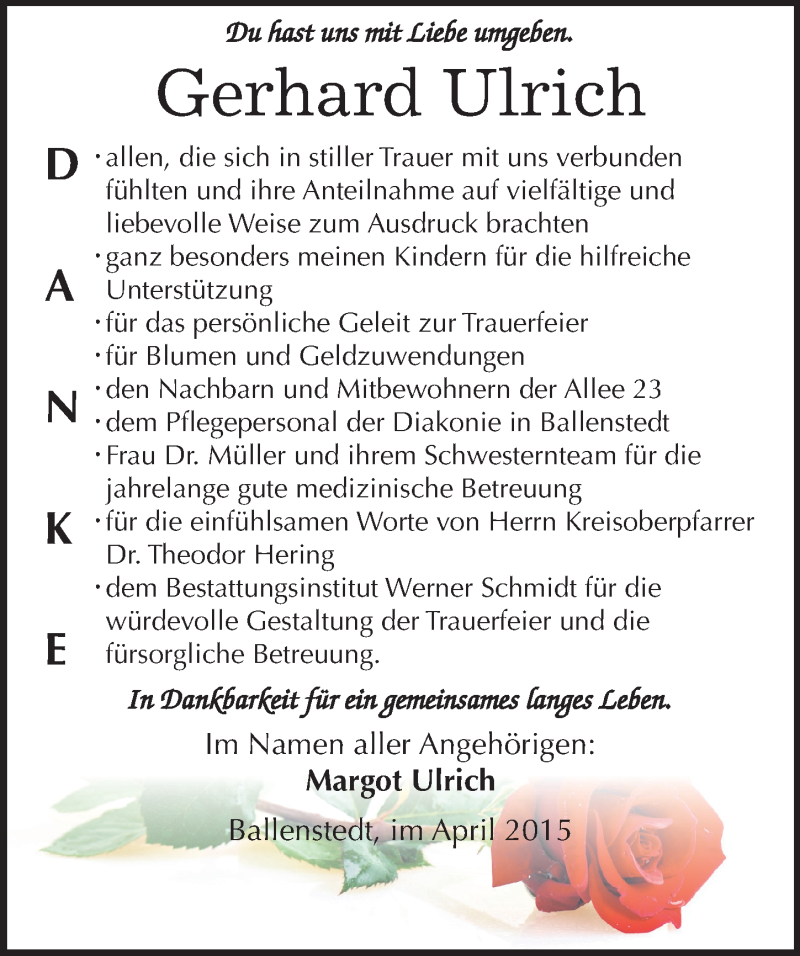  Traueranzeige für Gerhard Ulrich vom 18.04.2015 aus Mitteldeutsche Zeitung Quedlinburg