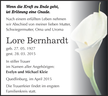 Traueranzeige von Lore Bernhardt von WVG - Wochenspiegel Quedlinburg