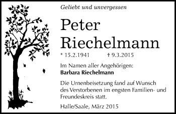 Traueranzeige von Peter Riechelmann von Mitteldeutsche Zeitung Halle/Saalkreis