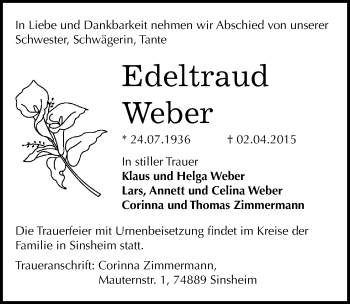 Traueranzeige von Edeltraud Weber von Mitteldeutsche Zeitung Halle/Saalkreis