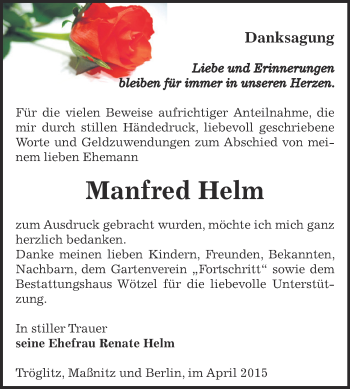 Traueranzeige von Manfred Helm von Super Sonntag Zeitz