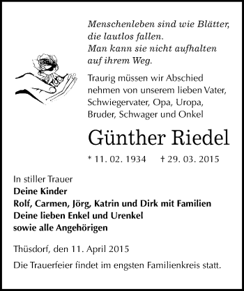 Traueranzeige von Günther Riedel von Mitteldeutsche Zeitung Naumburg/Nebra