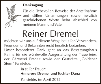 Traueranzeige von Reiner Dremel von Wochenspiegel Mansfelder Land