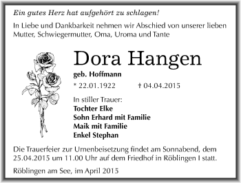 Traueranzeige von Dora Hangen von Mitteldeutsche Zeitung Mansfelder Land