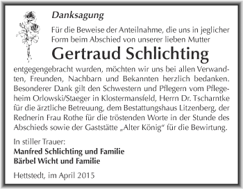 Traueranzeige von Gertraud Schlichting von Wochenspiegel Mansfelder Land