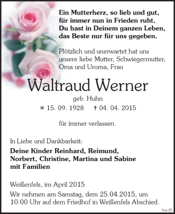 Traueranzeige von Waltraud Werner von WVG - Wochenspiegel NMB / WSF / ZTZ