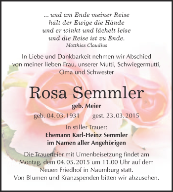 Traueranzeige von Rosa Semmler von WVG - Wochenspiegel NMB / WSF / ZTZ