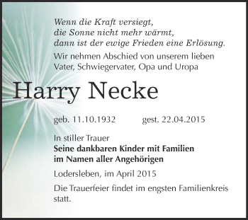 Traueranzeige von Harry Necke von WVG - Wochenspiegel Merseburg